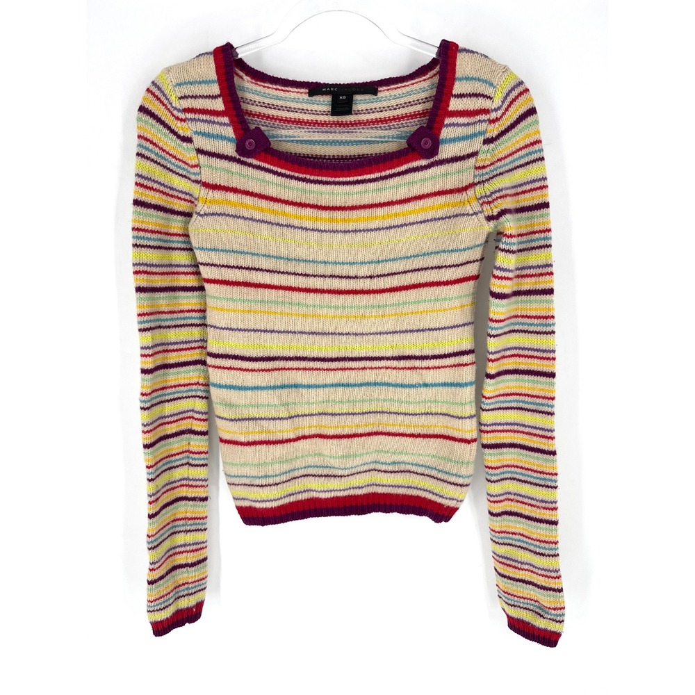 Marc Jacobs Lambswool Striped Sweater Womens XS Square Neck Button Detail Multi